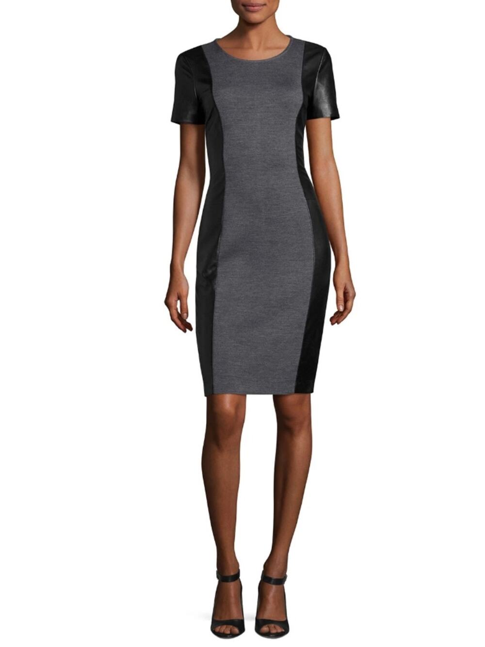 NWT ST. JOHN Wool Jewel Neck Leather Side Sheath Gray Black Dress 10